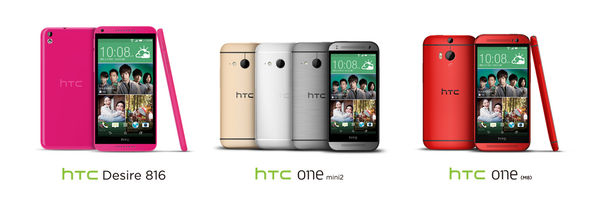 （左起）HTC Desire 816蜜桃紅、HTC One mini 2與HTC One (M8)熱戀紅